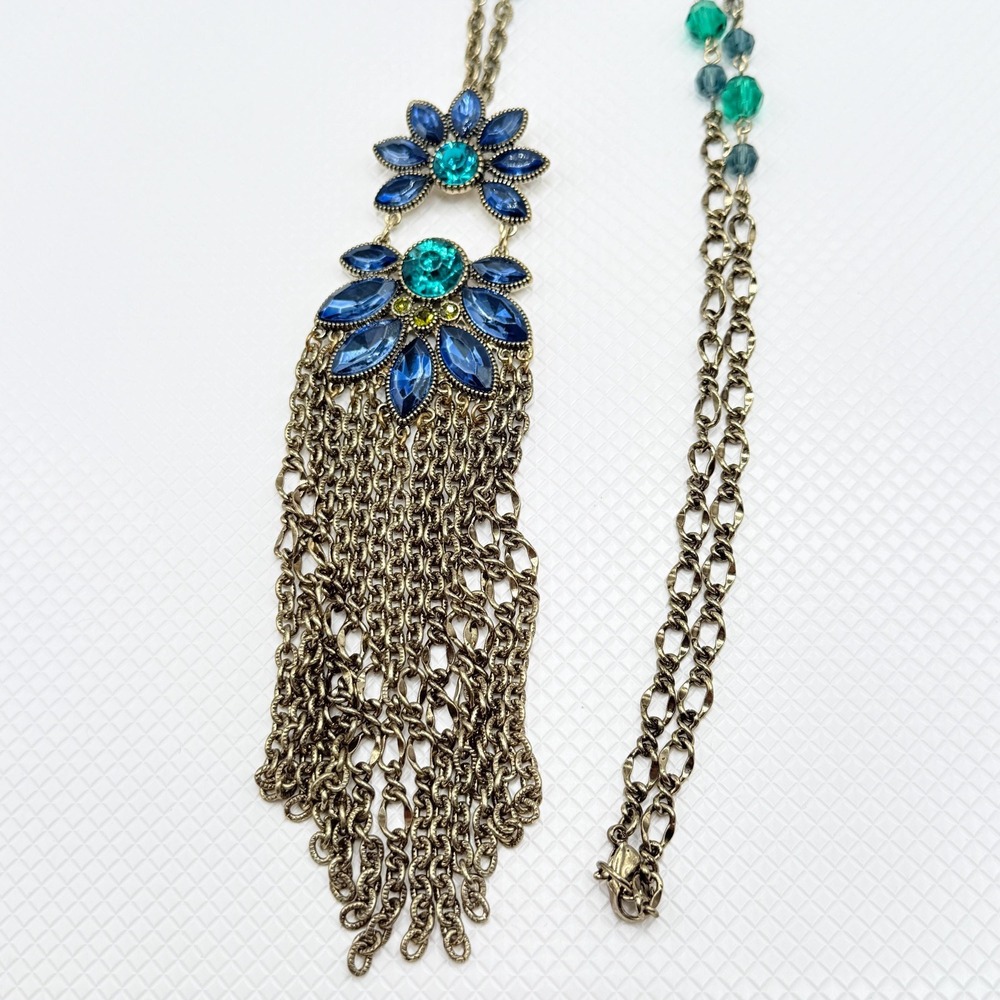 Vintage Green and Blue Bead Gold Tone 28" Necklace w/ Floral Tassel Pendant